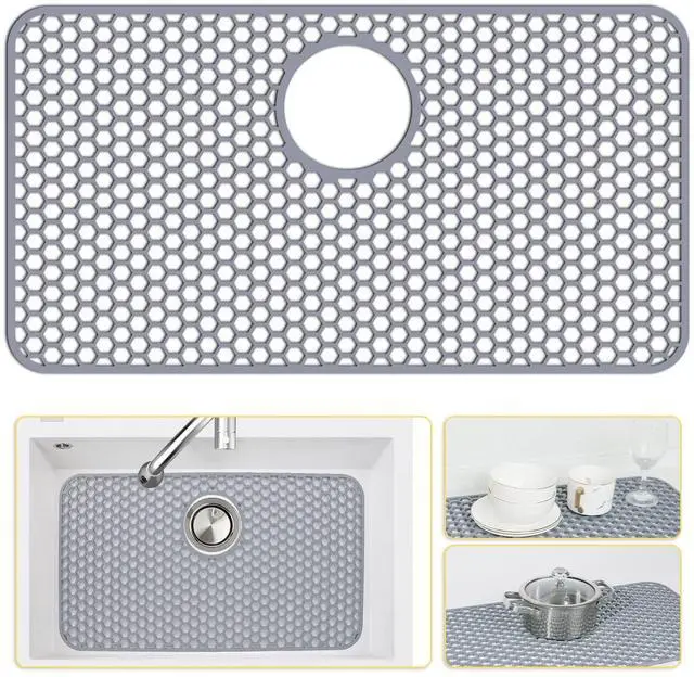 Main image of Silicone Sink Protectors for Kitchen Sink with Rear Drain - 26"x 14" Kitchen Protector Accessory, Non-Slip Heat Resistant Grid Mat for Bottom of Farmhous Peorcelain Stainless Steel(Rear Hole)