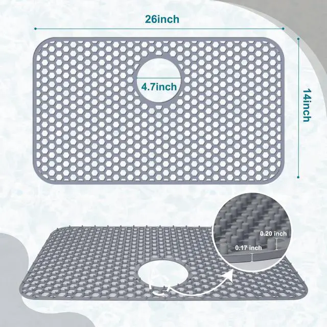 Alt view image 3 of 7 - Silicone Sink Protectors for Kitchen Sink with Rear Drain - 26"x 14" Kitchen Protector Accessory, Non-Slip Heat Resistant Grid Mat for Bottom of Farmhous Peorcelain Stainless Steel(Rear Hole)