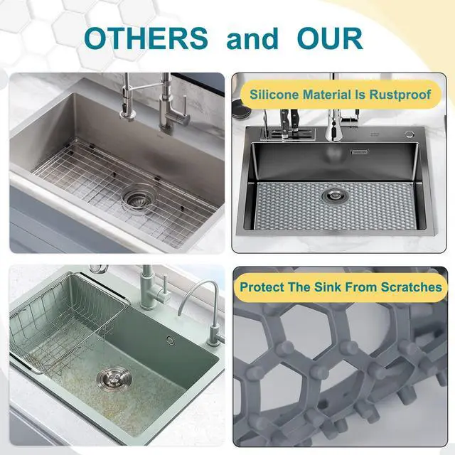Alt view image 5 of 7 - Silicone Sink Protectors for Kitchen Sink with Rear Drain - 26"x 14" Kitchen Protector Accessory, Non-Slip Heat Resistant Grid Mat for Bottom of Farmhous Peorcelain Stainless Steel(Rear Hole)