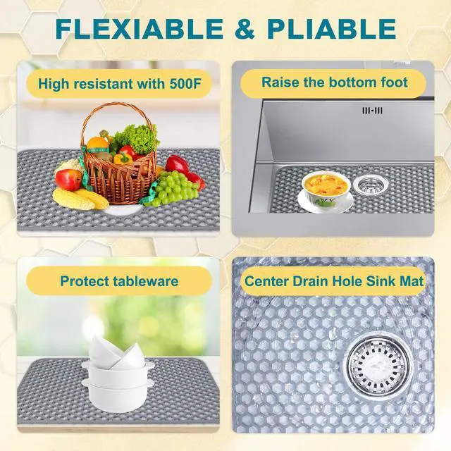 Alt view image 4 of 7 - Silicone Sink Protectors for Kitchen Sink with Rear Drain - 26"x 14" Kitchen Protector Accessory, Non-Slip Heat Resistant Grid Mat for Bottom of Farmhous Peorcelain Stainless Steel(Rear Hole)