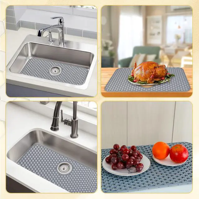 Alt view image 7 of 7 - Silicone Sink Protectors for Kitchen Sink with Rear Drain - 26"x 14" Kitchen Protector Accessory, Non-Slip Heat Resistant Grid Mat for Bottom of Farmhous Peorcelain Stainless Steel(Rear Hole)