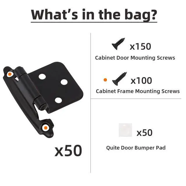 Alt view image 5 of 7 - 1/2" Overlay Matte Black Cabinet Hinges 50 Pack (25 Pair) Self Closing Bath & Kitchen Cabinet Hinges Black Flush Mount w/Door Bumpers & Upgraded Screws