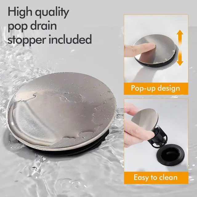 Alt view image 3 of 7 - Bathroom Sink Faucet 4 Inch Faucet 2 Handle Bathroom Sink Faucets Lead-Free Brushed Nickel Bath Sink Faucets with Pop-up Drain Stopper and Supply Hoses
