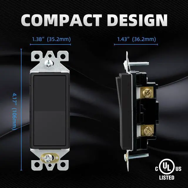 Alt view image 5 of 7 - Matte Black Single Pole Decorator Light Switch, 15Amp, 120-277V, Decorative Paddle Rocker Switch Replacement, On/Off Wall Switch, Self-Grounding, Residential/Commercial Grade, UL/CUL (5 Pack)