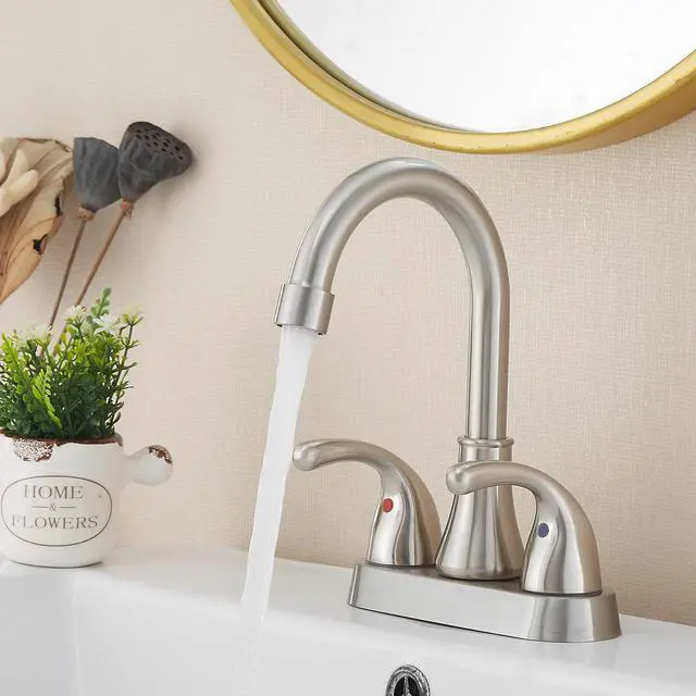 Alt view image 5 of 7 - Bathroom Sink Faucet 4 Inch Faucet 2 Handle Bathroom Sink Faucets Lead-Free Brushed Nickel Bath Sink Faucets with Pop-up Drain Stopper and Supply Hoses