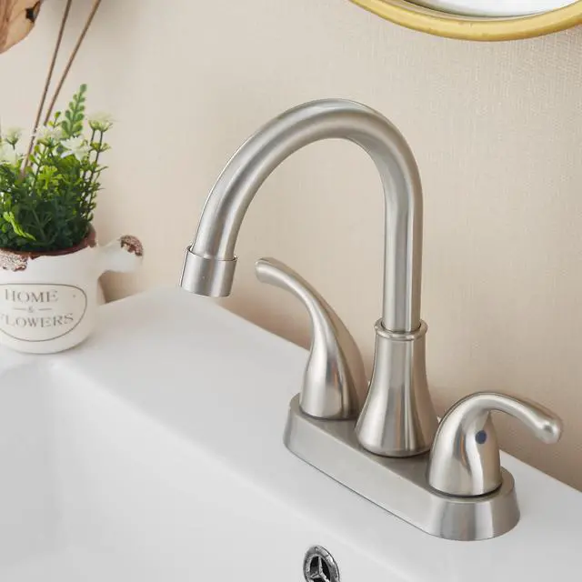Alt view image 6 of 7 - Bathroom Sink Faucet 4 Inch Faucet 2 Handle Bathroom Sink Faucets Lead-Free Brushed Nickel Bath Sink Faucets with Pop-up Drain Stopper and Supply Hoses