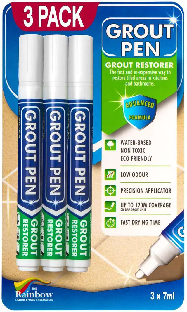 Main image of Grout Pen White Tile Grout Paint Marker - Narrow 5mm Tip (7mL) - 3 Pack | Waterproof Grout Refresh Restorer for Kitchen & Bathroom, Whitener Grout Sealer Pens for Cleaner Looking Grout Lines - White