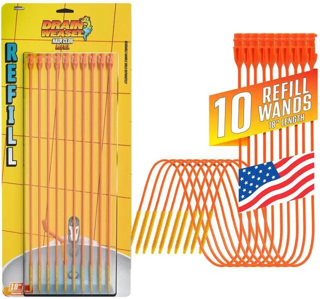Main image of Drain Weasel Refill for Sink Snake Hair Clog Remover, 10 Pack | Pipe, Bathroom, Bathtub Drain Cleaner, 18" Wands, Made in The USA