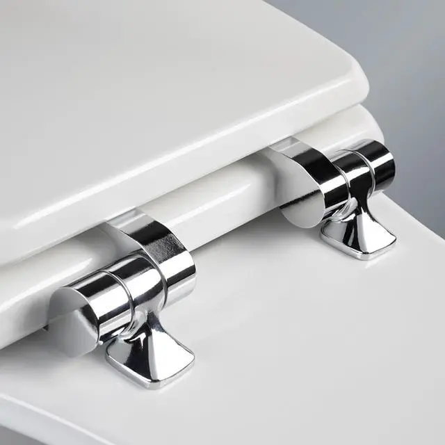 Alt view image 2 of 7 - Bennett Toilet Seat with Chrome Hinges, Slow Close Wood Seat, Secure Metal Hinges, Easy Install, Made in USA, Round, White