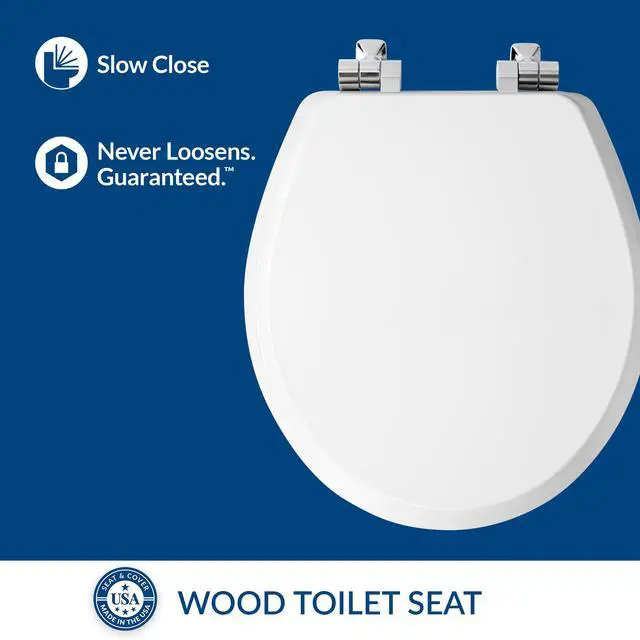 Alt view image 3 of 7 - Bennett Toilet Seat with Chrome Hinges, Slow Close Wood Seat, Secure Metal Hinges, Easy Install, Made in USA, Round, White