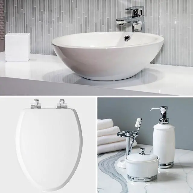 Alt view image 4 of 7 - Bennett Toilet Seat with Chrome Hinges, Slow Close Wood Seat, Secure Metal Hinges, Easy Install, Made in USA, Round, White