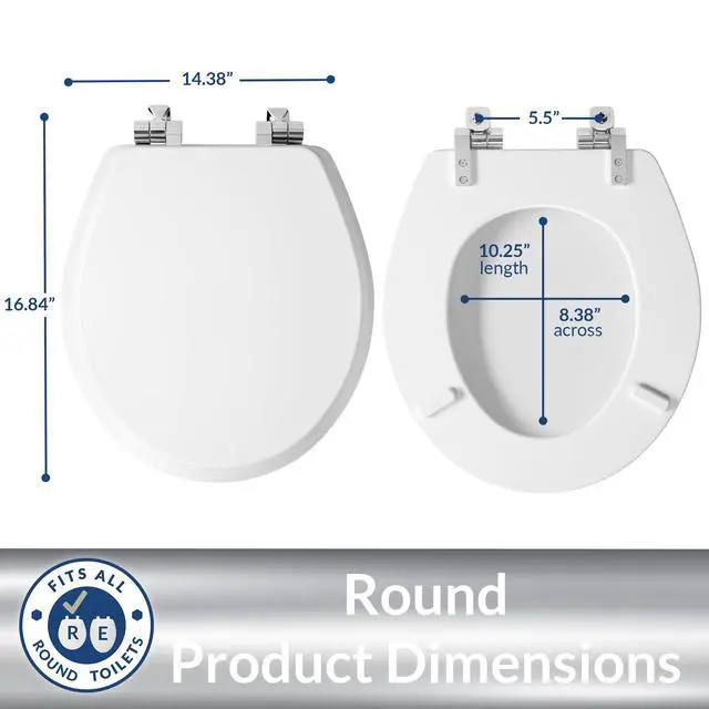 Alt view image 5 of 7 - Bennett Toilet Seat with Chrome Hinges, Slow Close Wood Seat, Secure Metal Hinges, Easy Install, Made in USA, Round, White