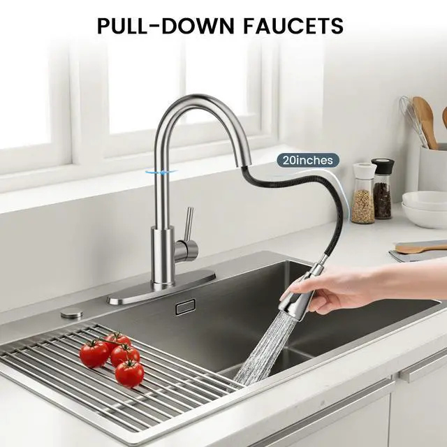 Alt view image 2 of 7 - Kitchen Faucets with Pull Down Sprayer, Brushed Nickel | Lead-Free NSF Certified, High Arc, Stainless Steel, Single Handle, Kitchen Sink Faucet, 1 or 3 Hole, Farmhouse Laundry RV Bar