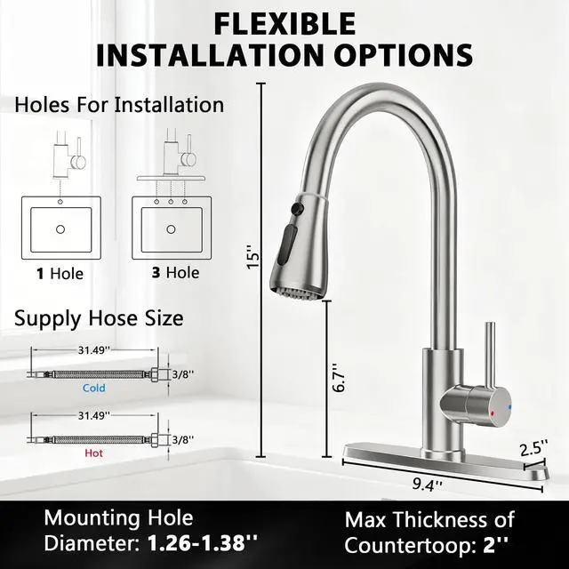 Alt view image 5 of 7 - Kitchen Faucets with Pull Down Sprayer, Brushed Nickel | Lead-Free NSF Certified, High Arc, Stainless Steel, Single Handle, Kitchen Sink Faucet, 1 or 3 Hole, Farmhouse Laundry RV Bar