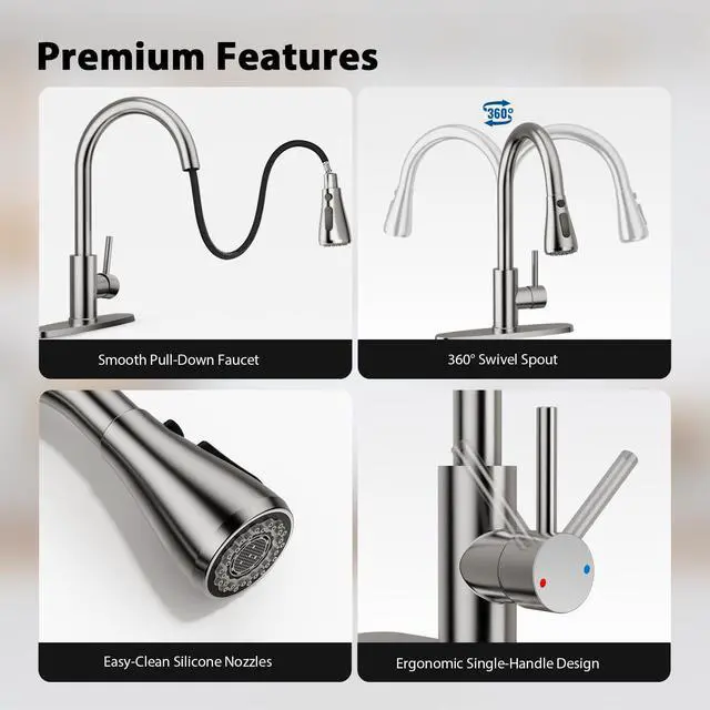 Alt view image 7 of 7 - Kitchen Faucets with Pull Down Sprayer, Brushed Nickel | Lead-Free NSF Certified, High Arc, Stainless Steel, Single Handle, Kitchen Sink Faucet, 1 or 3 Hole, Farmhouse Laundry RV Bar