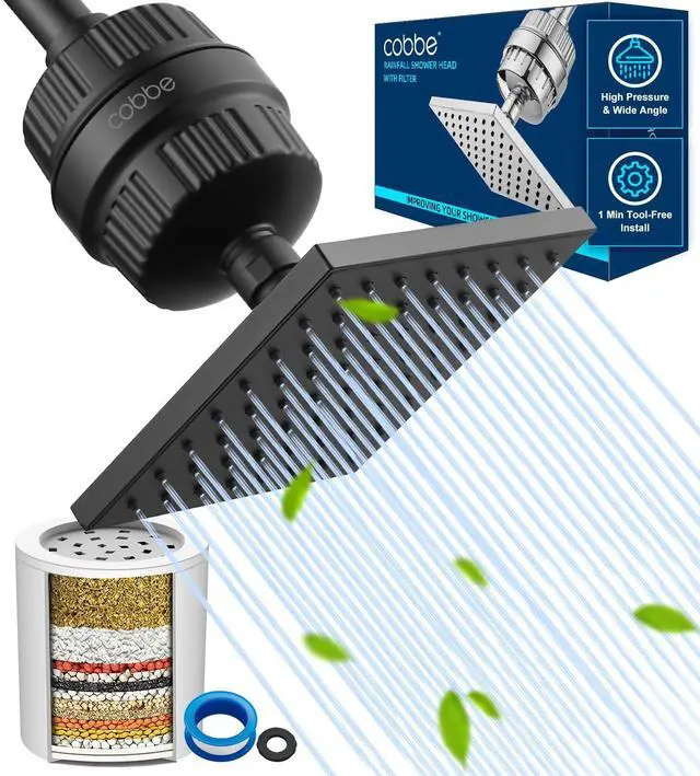 Main image of High Pressure Filtered Shower Head with Filters for Hard Water Combo | Rain Showerheads with 20 Stage Water Softener for Healthier Skin & Hair Remove Chlorine and Harmful Substances, Matte Black