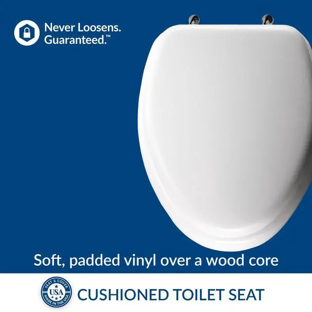Alt view image 2 of 6 - Padded Toilet Seat with Chrome Hinges, Soft Vinyl over Wood Core Seat, Made in USA, Elongated, White