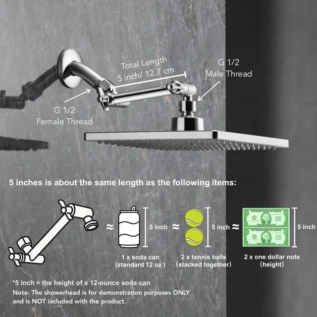 Alt view image 5 of 7 - 5 Inch Adjustable Shower Head Extension Arm, With Locking Set Screw, 304 Stainless Steel Chrome Angle Height Adjustable, Easy Install, G1/2 Universal Connector Compatible (Chrome Finish)