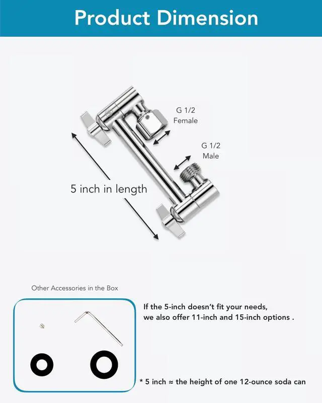 Alt view image 6 of 7 - 5 Inch Adjustable Shower Head Extension Arm, With Locking Set Screw, 304 Stainless Steel Chrome Angle Height Adjustable, Easy Install, G1/2 Universal Connector Compatible (Chrome Finish)