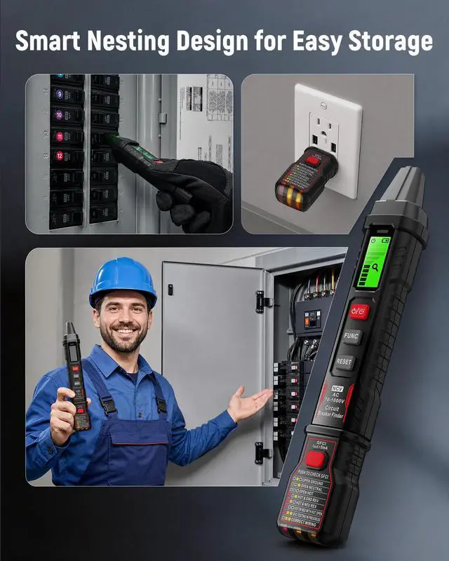 Alt view image 7 of 7 - Circuit Breaker Finder with LCD Display, GFCI Outlet Tester, AC 90-130V Electrical Circuit Tracer Tool with NCV Tset & Flashlight, Includes Carrying Case with Adapter, Alligator Clips -KT303P