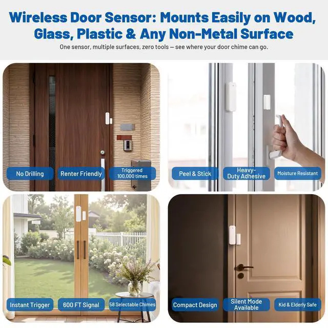 Alt view image 3 of 7 - Door Chime, Wireless Sensor Alarm for Home, Business, Store | 600FT Long Range Open Door Bell with 58 Chimes & 5 Volume Levels. Ideal Entry Alert for Kids, Toddler & Dementia Safety