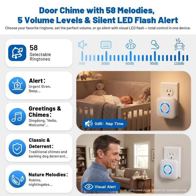 Alt view image 5 of 7 - Door Chime, Wireless Sensor Alarm for Home, Business, Store | 600FT Long Range Open Door Bell with 58 Chimes & 5 Volume Levels. Ideal Entry Alert for Kids, Toddler & Dementia Safety