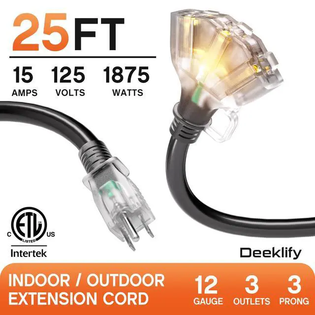 Alt view image 2 of 7 - 25FT 12 Gauge Black Outdoor Extension Cord with Multiple Outlets | 3 Outlet Black Extension Cord 25 Feet, Indicator Light & Hook, Flexible Waterproof SJTW, 15A 1875W, ETL Listed, Home/Garden