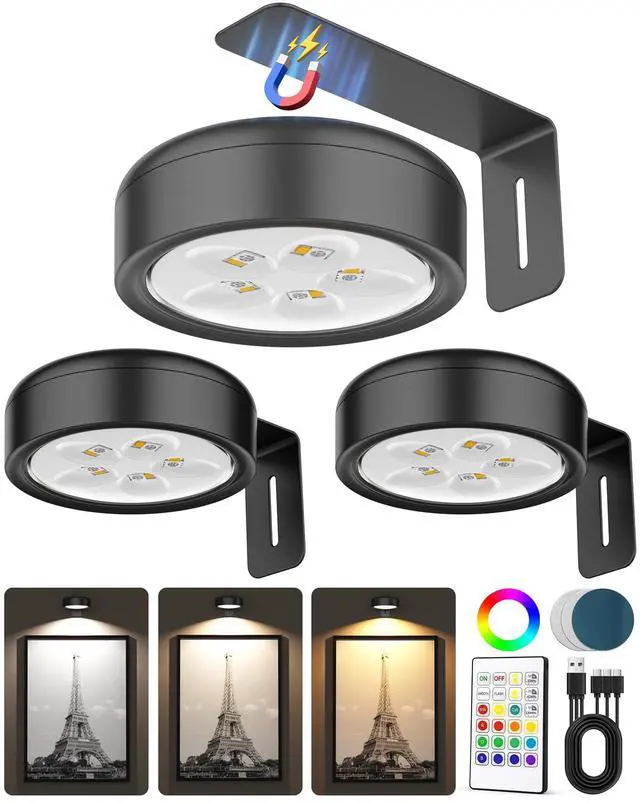 Main image of 3 Pack Picture Lights for Wall,Wireless 2000mAh Rechargeable Magnetic LED Puck Lights with Remote,3 Color Temps and 12 RGB,Dimming & Timer,Art Frame Light for Painting Display,Photos,Wall Decor
