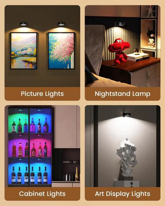 Alt view image 3 of 7 - 3 Pack Picture Lights for Wall,Wireless 2000mAh Rechargeable Magnetic LED Puck Lights with Remote,3 Color Temps and 12 RGB,Dimming & Timer,Art Frame Light for Painting Display,Photos,Wall Decor