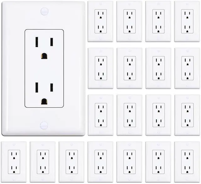 Main image of Decorator Receptacle Outlet with Wall Plate, Non-Tamper-Resistant Electrical Outlet, 15 amp Outlet, Self-Grounding, UL Listed, White (20 Pack)