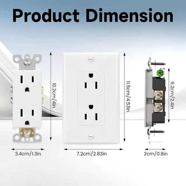 Alt view image 2 of 7 - Decorator Receptacle Outlet with Wall Plate, Non-Tamper-Resistant Electrical Outlet, 15 amp Outlet, Self-Grounding, UL Listed, White (20 Pack)