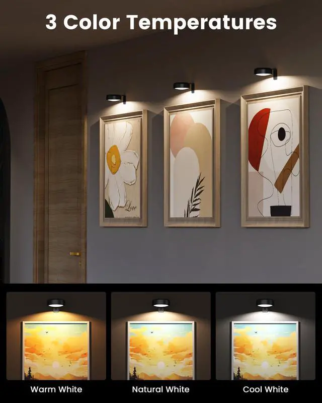 Alt view image 4 of 7 - 3 Pack Picture Lights for Wall,Wireless 2000mAh Rechargeable Magnetic LED Puck Lights with Remote,3 Color Temps and 12 RGB,Dimming & Timer,Art Frame Light for Painting Display,Photos,Wall Decor