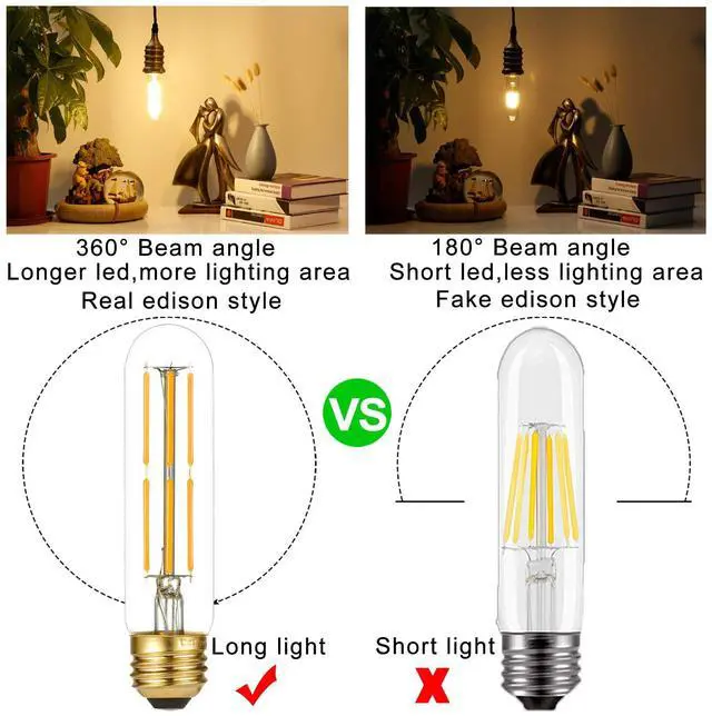 Alt view image 2 of 7 - Dimmable E26 Edison Bulb 6W Equal 60 watt Light Bulb AC120V Warm White 2700K Edison Light Bulbs 60 Watt 600LM Tubular T10 led Bulb for Rustic Pendant,Chandeliers,Wall sconces,Vanity 6Pack