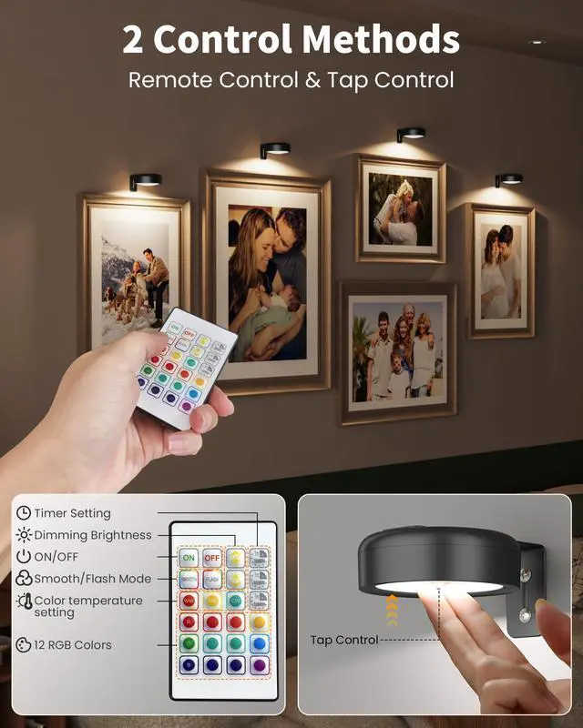 Alt view image 7 of 7 - 3 Pack Picture Lights for Wall,Wireless 2000mAh Rechargeable Magnetic LED Puck Lights with Remote,3 Color Temps and 12 RGB,Dimming & Timer,Art Frame Light for Painting Display,Photos,Wall Decor