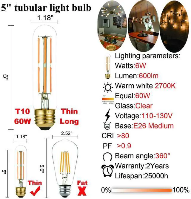Alt view image 5 of 7 - Dimmable E26 Edison Bulb 6W Equal 60 watt Light Bulb AC120V Warm White 2700K Edison Light Bulbs 60 Watt 600LM Tubular T10 led Bulb for Rustic Pendant,Chandeliers,Wall sconces,Vanity 6Pack
