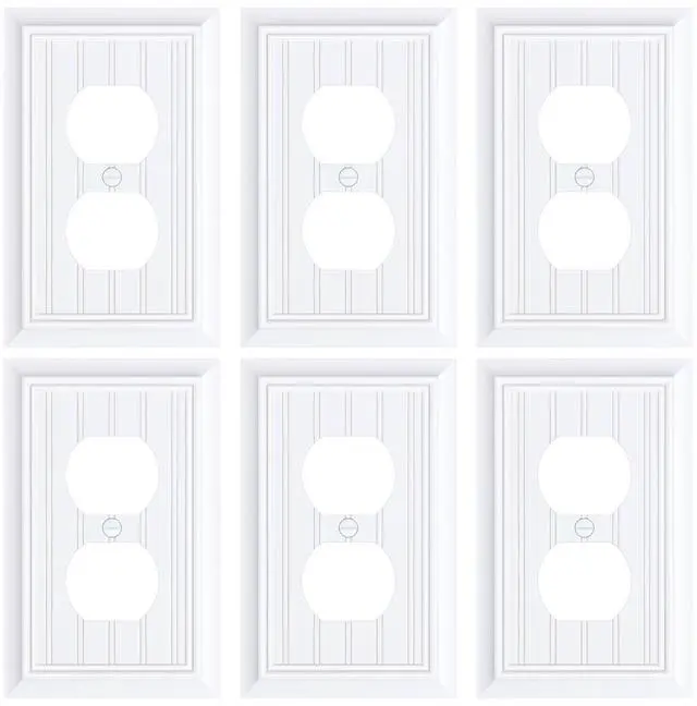 Main image of 6-Pack Classic Beadboard Natural Bamboo Fiber Duplex Outlet Cover Plate, | Decorative Switch Plates and Outlet Covers, Wall Plates for Electrical Outlets, 1 Gang Receptacle Cover, Pure White