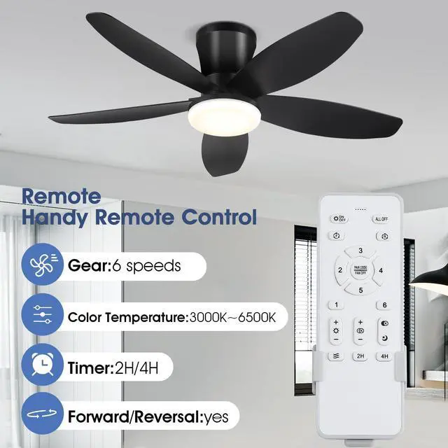 Alt view image 2 of 7 - Ceiling Fans with Lights-36 Low Profile Ceiling Fan with Light and Remote Control,Flush Mount,DC Reversible,LED Dimmable Blakc Ceiling Fans for Bedroom,Indoor/Outdoor Patio Use