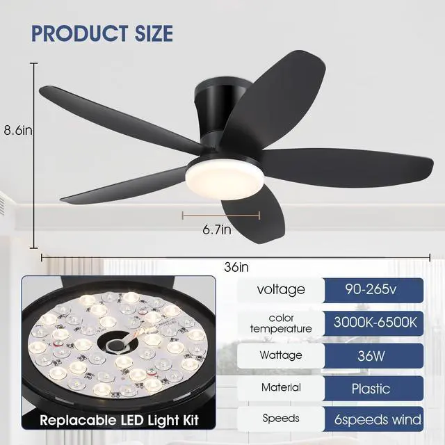 Alt view image 5 of 7 - Ceiling Fans with Lights-36 Low Profile Ceiling Fan with Light and Remote Control,Flush Mount,DC Reversible,LED Dimmable Blakc Ceiling Fans for Bedroom,Indoor/Outdoor Patio Use