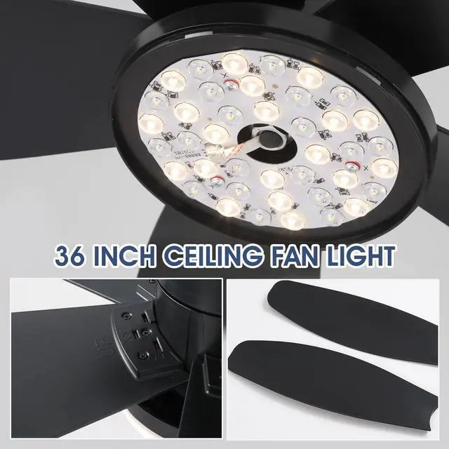 Alt view image 7 of 7 - Ceiling Fans with Lights-36 Low Profile Ceiling Fan with Light and Remote Control,Flush Mount,DC Reversible,LED Dimmable Blakc Ceiling Fans for Bedroom,Indoor/Outdoor Patio Use