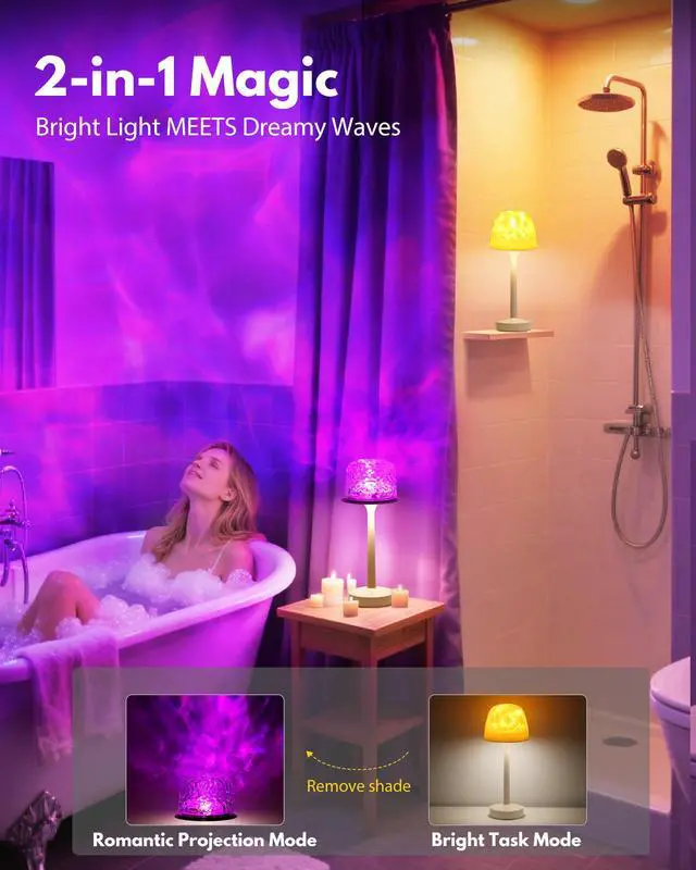 Alt view image 2 of 7 - Shower Lamp - Waterproof Bathroom Lamp with 16 Color Ocean Wave Projector, Rechargeable Shower Light with Touch & Remote Control, Cordless Light for Inside Shower/Bathtub