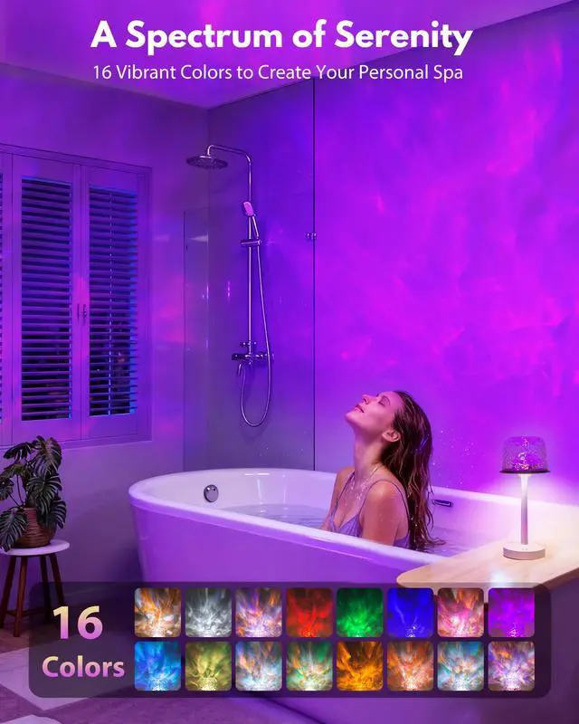 Alt view image 3 of 7 - Shower Lamp - Waterproof Bathroom Lamp with 16 Color Ocean Wave Projector, Rechargeable Shower Light with Touch & Remote Control, Cordless Light for Inside Shower/Bathtub