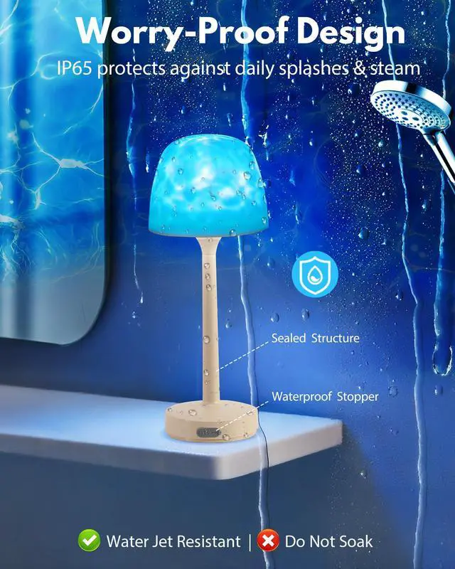 Alt view image 4 of 7 - Shower Lamp - Waterproof Bathroom Lamp with 16 Color Ocean Wave Projector, Rechargeable Shower Light with Touch & Remote Control, Cordless Light for Inside Shower/Bathtub