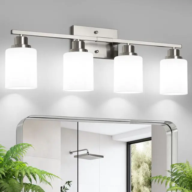 Main image of Bathroom Light Fixtures, 4-Light Vanity Light Over Mirror, Brushed Nickel Wall Sconces with Milky White Frosted Glass Shades, Wall Lamp for Living Room Bedroom, E26 Base(Bulbs Not Included)