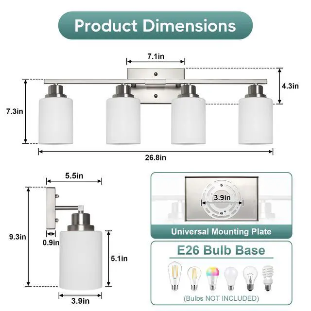 Alt view image 2 of 7 - Bathroom Light Fixtures, 4-Light Vanity Light Over Mirror, Brushed Nickel Wall Sconces with Milky White Frosted Glass Shades, Wall Lamp for Living Room Bedroom, E26 Base(Bulbs Not Included)