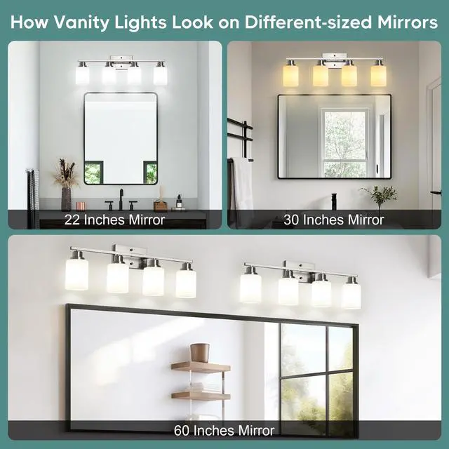 Alt view image 6 of 7 - Bathroom Light Fixtures, 4-Light Vanity Light Over Mirror, Brushed Nickel Wall Sconces with Milky White Frosted Glass Shades, Wall Lamp for Living Room Bedroom, E26 Base(Bulbs Not Included)