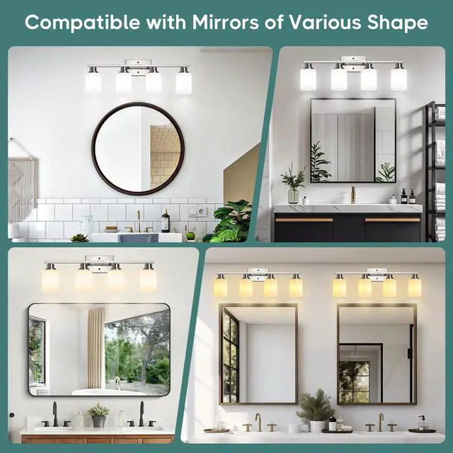 Alt view image 7 of 7 - Bathroom Light Fixtures, 4-Light Vanity Light Over Mirror, Brushed Nickel Wall Sconces with Milky White Frosted Glass Shades, Wall Lamp for Living Room Bedroom, E26 Base(Bulbs Not Included)