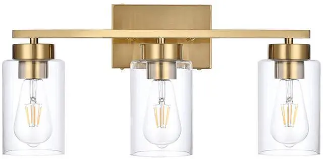 Main image of 3-Light Bathroom Vanity Light, Modern Brushed Gold Wall Lights with Clear Glass Shades, Bathroom Wall Sconce Lamp for Mirror Living Room Bedroom Hallway