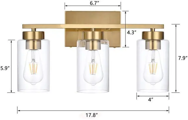 Alt view image 3 of 7 - 3-Light Bathroom Vanity Light, Modern Brushed Gold Wall Lights with Clear Glass Shades, Bathroom Wall Sconce Lamp for Mirror Living Room Bedroom Hallway