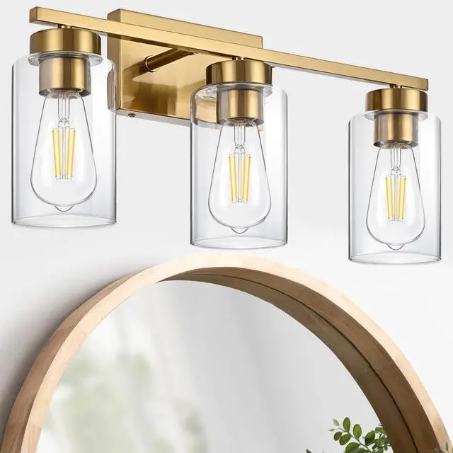 Alt view image 4 of 7 - 3-Light Bathroom Vanity Light, Modern Brushed Gold Wall Lights with Clear Glass Shades, Bathroom Wall Sconce Lamp for Mirror Living Room Bedroom Hallway