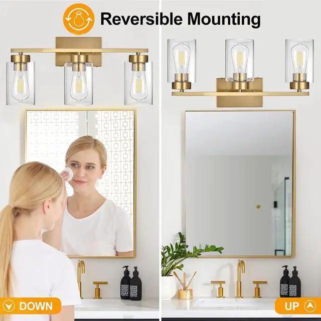 Alt view image 5 of 7 - 3-Light Bathroom Vanity Light, Modern Brushed Gold Wall Lights with Clear Glass Shades, Bathroom Wall Sconce Lamp for Mirror Living Room Bedroom Hallway